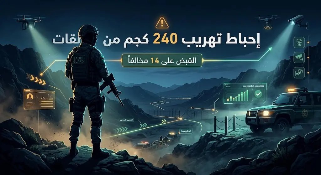رسم تعبيري وإنفوجرافيك يوضح إحباط حرس الحدود لمحاولة تهريب 240 كيلوجراماً من القات والقبض على 14 مخالفاً.