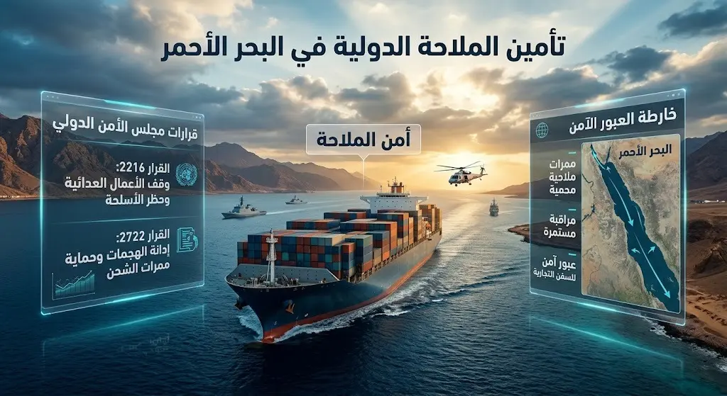 تصميم بياني يوضح تأمين مسارات السفن التجارية في البحر الأحمر وارتباطها الوثيق بقرارات مجلس الأمن الدولي.