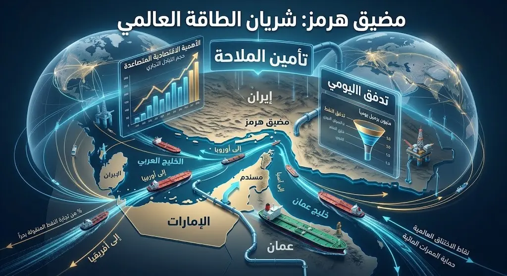 إنفوجرافيك ثلاثي الأبعاد يوضح خريطة مضيق هرمز الاستراتيجي مع مسارات تدفق النفط ومؤشرات اقتصادية تسلط الضوء على أجور الشحن.
