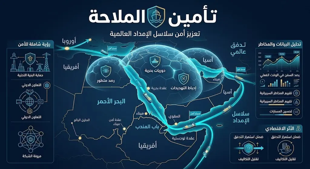 رسم بياني حديث يبرز جهود تأمين خطوط الملاحة البحرية في البحر الأحمر وحماية سلاسل الإمداد العالمية.