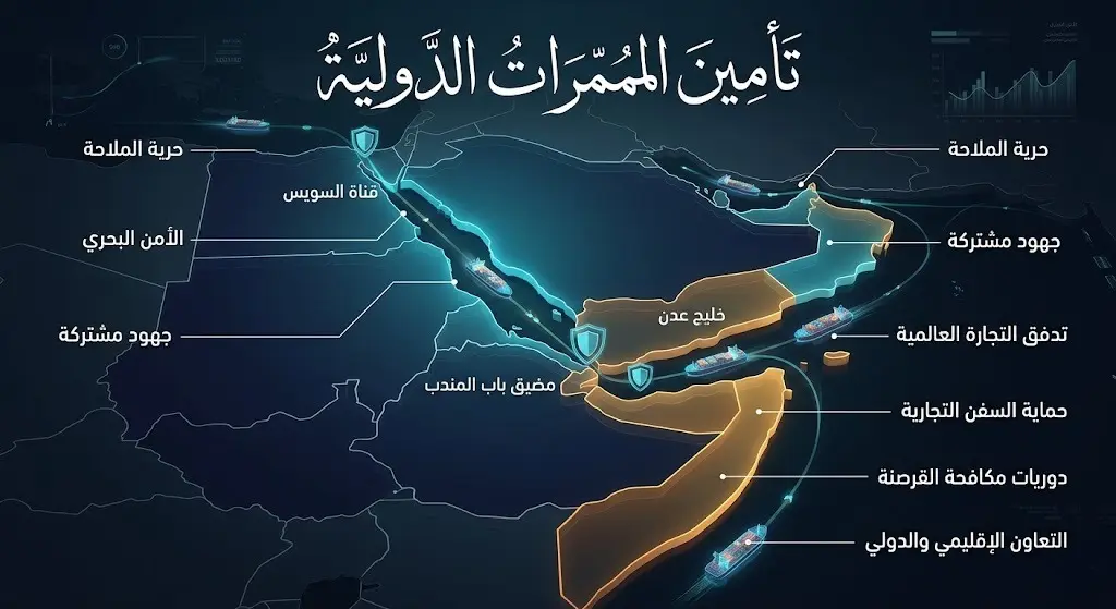 تصميم ثلاثي الأبعاد يستعرض أهمية تأمين الممرات المائية الدولية وحماية حركة الملاحة في المنطقة.