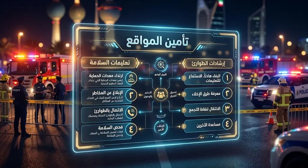 تصميم إنفوجرافيك إبداعي يوضح جهود تأمين المواقع من قبل فرق الإطفاء والجهات الأمنية، مع استعراض إرشادات الطوارئ والسلامة الموجهة للمواطنين.