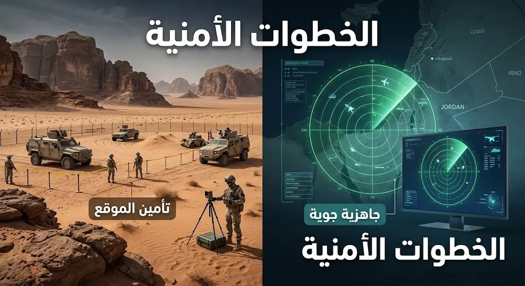 إنفوجرافيك وتصميم تعبيري يوضح عمليات تأمين سلاح الهندسة الملكي لموقع نائي في الصحراء، مع إبراز الجاهزية العسكرية من خلال شاشات رادار للمراقبة الجوية.