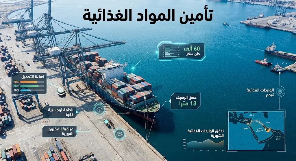 إنفوجرافيك احترافي مدمج بصورة واقعية يوضح رسو سفينة شحن عملاقة في ميناء جدة الإسلامي محملة بـ 60 ألف طن من السكر بعد تعميق الرصيف البحري لدعم الأمن الغذائي.