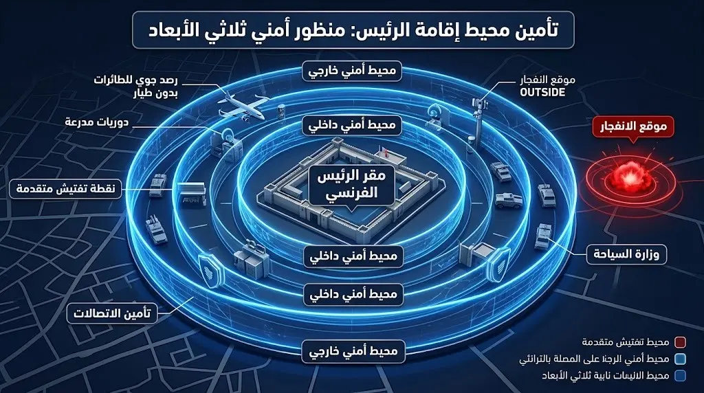 تصميم معلوماتي يوضح الطوق الأمني المحيط بمقر إقامة الرئيس الفرنسي في دمشق، ووقوع الانفجار خارج هذا الطوق.