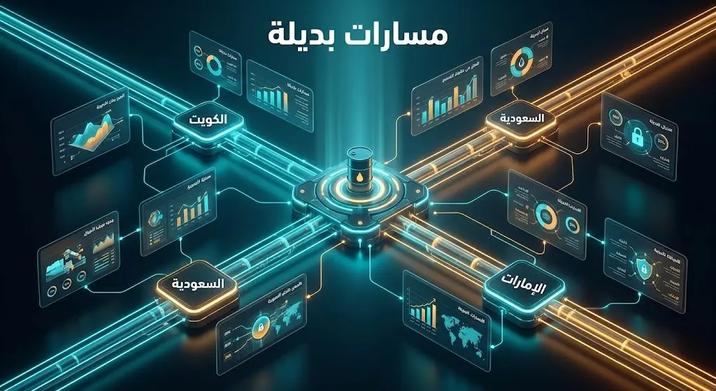 تصميم بياني يصور مسارات بديلة وآمنة لتصدير النفط والغاز لدول الخليج لتقليل الاعتماد المفرط على الممرات المائية المتنازع عليها.