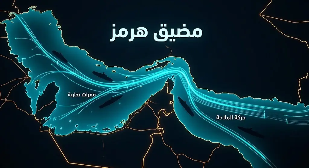 تصميم بصري لخريطة مضيق هرمز يبرز مسارات الشحن العالمية وتأمين الممرات البحرية.