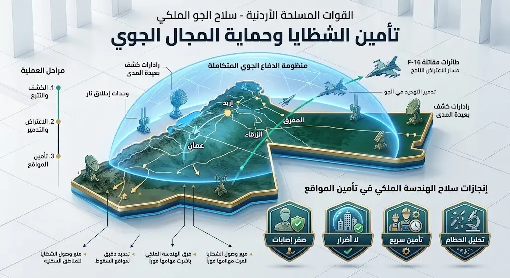 إنفوجرافيك يوضح تأمين مواقع سقوط الشظايا في الأردن وتأكيد غياب الأضرار المادية والبشرية