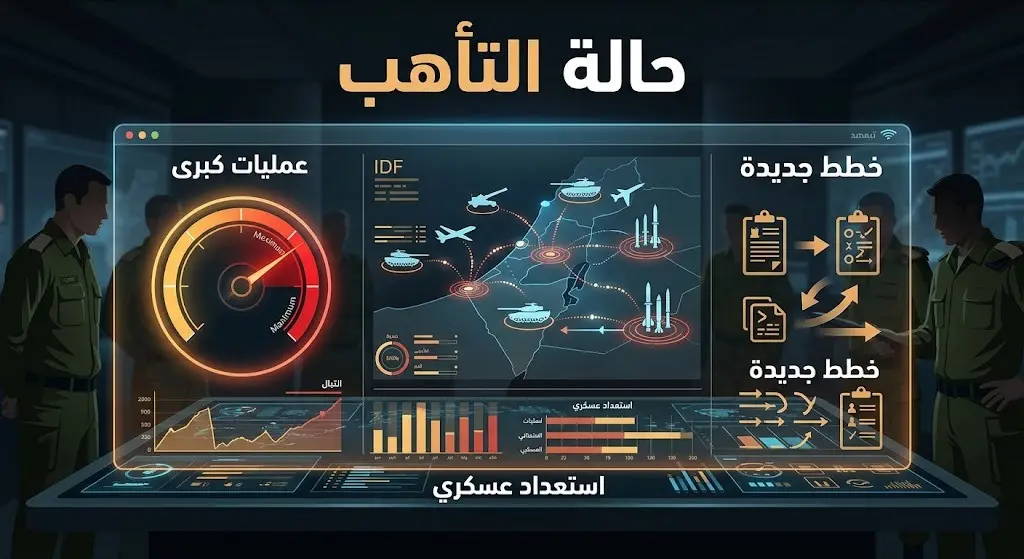 تصميم استراتيجي يظهر لوحة قيادة تعكس حالة التأهب القصوى للجيش الإسرائيلي لعمليات كبرى