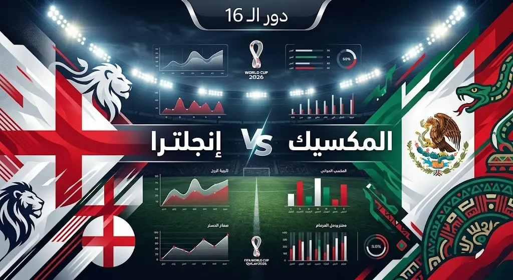 تصميم إنفوجرافيك رياضي يوضح تفاصيل مواجهة إنجلترا ضد المكسيك في دور الستة عشر من كأس العالم 2026.