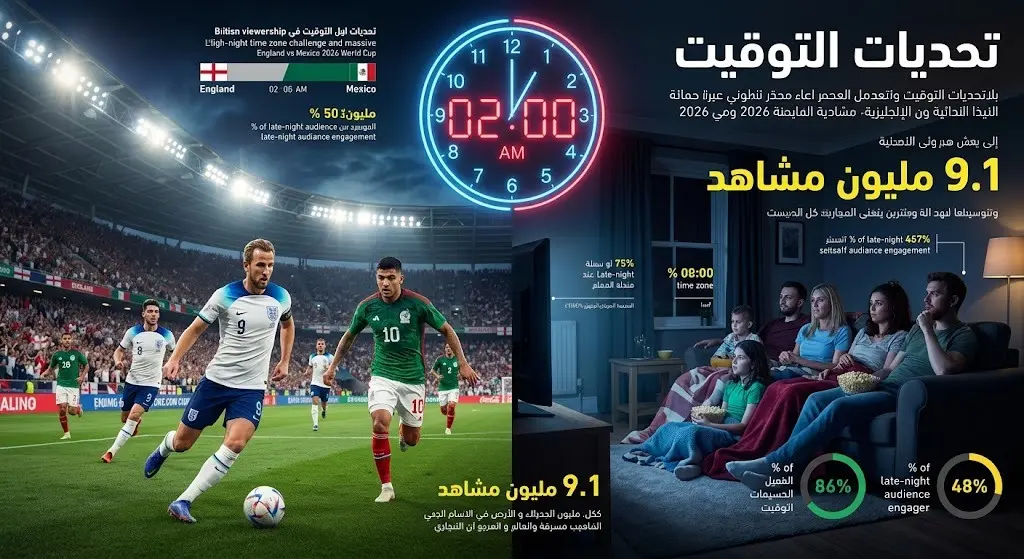 إنفوجرافيك تفاعلي يبرز تحديات فارق التوقيت وسهر الجماهير الإنجليزية لمتابعة المباراة مع إحصائية 9.1 مليون مشاهد