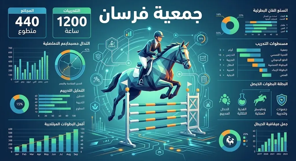 إنفوجرافيك عصري يستعرض جهود جمعية فرسان لقفز الحواجز بجازان مع إبراز أعداد المتطوعين والساعات التطوعية.