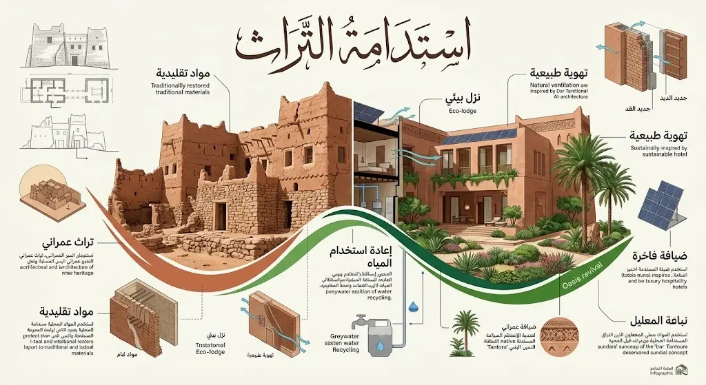 تصميم إنفوجرافيك يوضح دمج العمارة الطينية التقليدية في العُلا مع معايير الاستدامة البيئية وتحويلها لمنشآت فندقية متطورة.