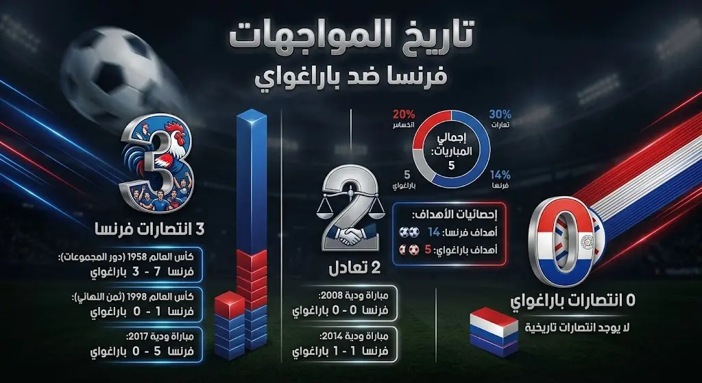 إنفوجرافيك يستعرض تاريخ المواجهات المباشرة بين منتخبي فرنسا وباراغواي