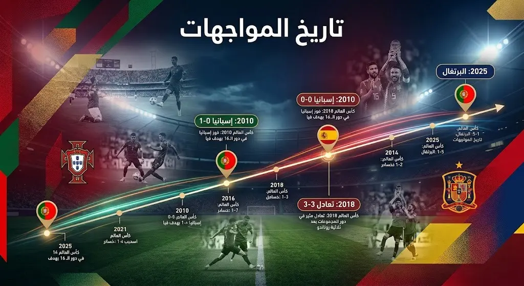إنفوجرافيك يستعرض تاريخ المواجهات المباشرة بين البرتغال وإسبانيا في البطولات الكبرى ونتائج مبارياتهما السابقة