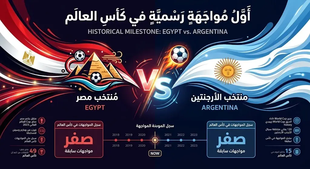 إنفوجرافيك يوضح تاريخ المواجهات المباشرة بين مصر والأرجنتين ويبرز أنها المواجهة الرسمية الأولى بينهما.