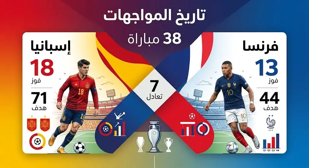 إنفوجرافيك يستعرض تاريخ المواجهات المباشرة بين منتخبي فرنسا وإسبانيا، يوضح إجمالي عدد المباريات، الانتصارات، والأهداف المسجلة لكل فريق.