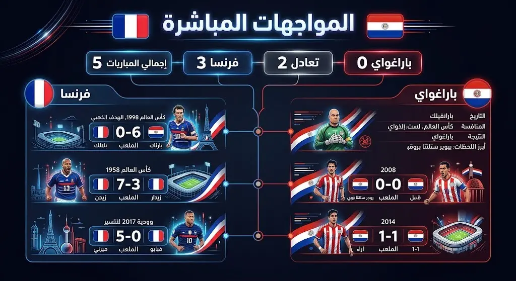 إنفوجرافيك يوضح تاريخ المواجهات المباشرة بين منتخبي فرنسا وباراغواي في كرة القدم