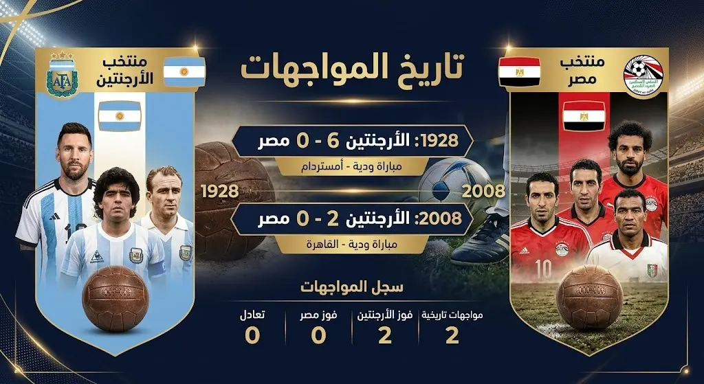 إنفوجرافيك يستعرض تاريخ المواجهات السابقة بين مصر والأرجنتين في عامي 1928 و2008.