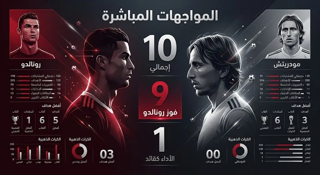 إنفوجرافيك يوضح التفوق الرقمي لكريستيانو رونالدو في تاريخ مواجهاته المباشرة ضد لوكا مودريتش