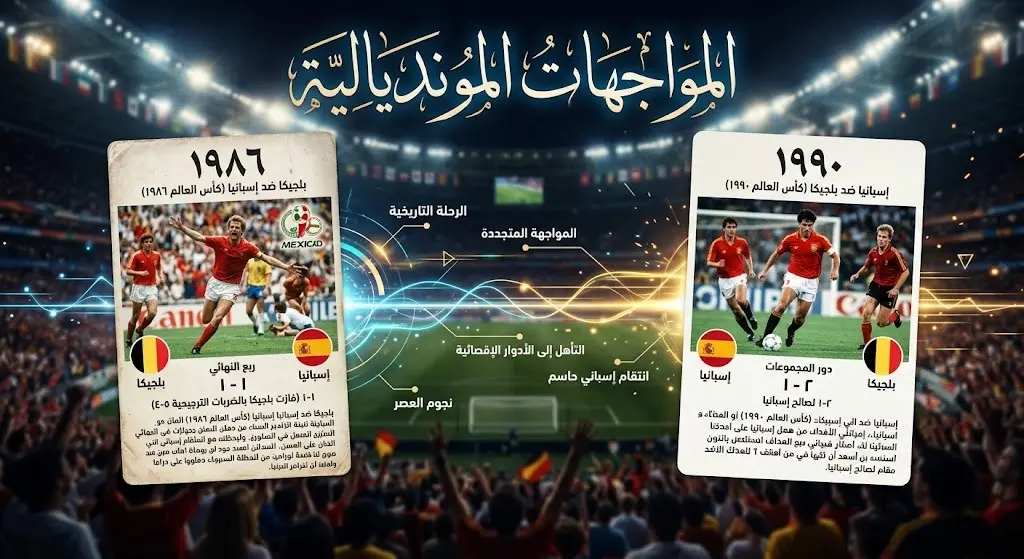 تصميم بصري يستعرض تاريخ مواجهات إسبانيا وبلجيكا في كأس العالم خلال نسختي 1986 و1990 وتكافؤ النتائج بينهما