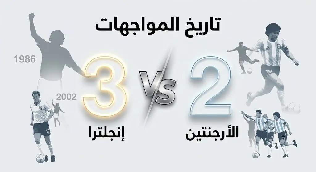 تصميم معلوماتي يعرض السجل التاريخي للمواجهات المونديالية بين إنجلترا والأرجنتين، موضحاً تفوق إنجلترا بـ 3 انتصارات مقابل انتصارين للأرجنتين.
