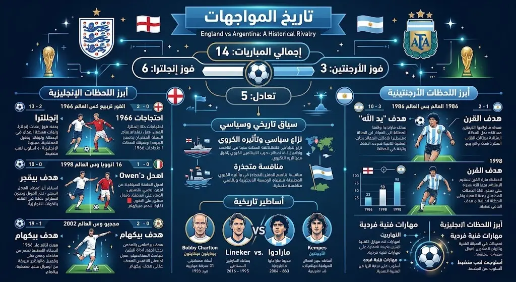 إنفوجرافيك يستعرض تاريخ المواجهات المباشرة بين إنجلترا والأرجنتين وإحصائيات الانتصارات