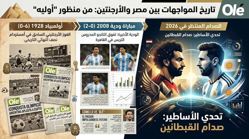 تصميم استعراضي يسرد تاريخ مواجهات مصر والأرجنتين الكروية منذ أولمبياد 1928 وحتى ودية 2008.