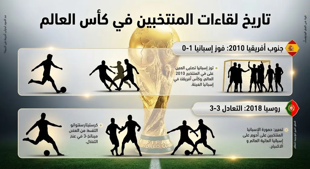 تصميم بصري يقارن بين نتائج لقاءات إسبانيا والبرتغال في نسختي كأس العالم 2010 بجنوب أفريقيا و2018 بروسيا.