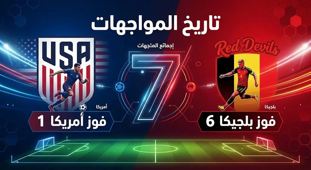 إنفوجرافيك يستعرض تاريخ المواجهات المباشرة بين منتخبي أمريكا وبلجيكا، يبرز تفوق بلجيكا بـ 6 انتصارات مقابل فوز وحيد لأمريكا.