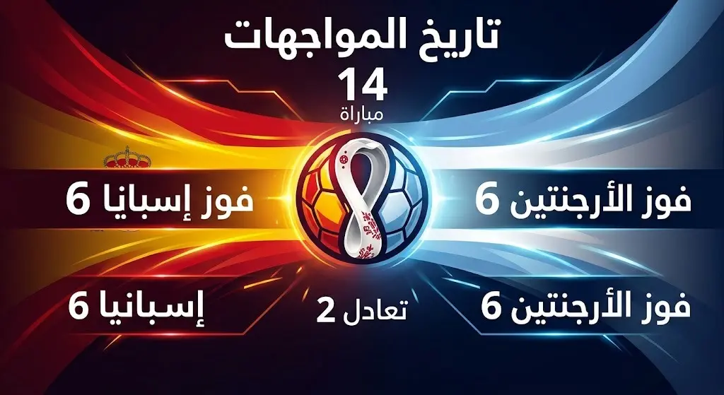 إنفوجرافيك يوضح تاريخ المواجهات المباشرة بين منتخبي إسبانيا والأرجنتين، حيث يظهر التعادل في عدد مرات الفوز بست مباريات لكل منهما من أصل 14 مباراة.