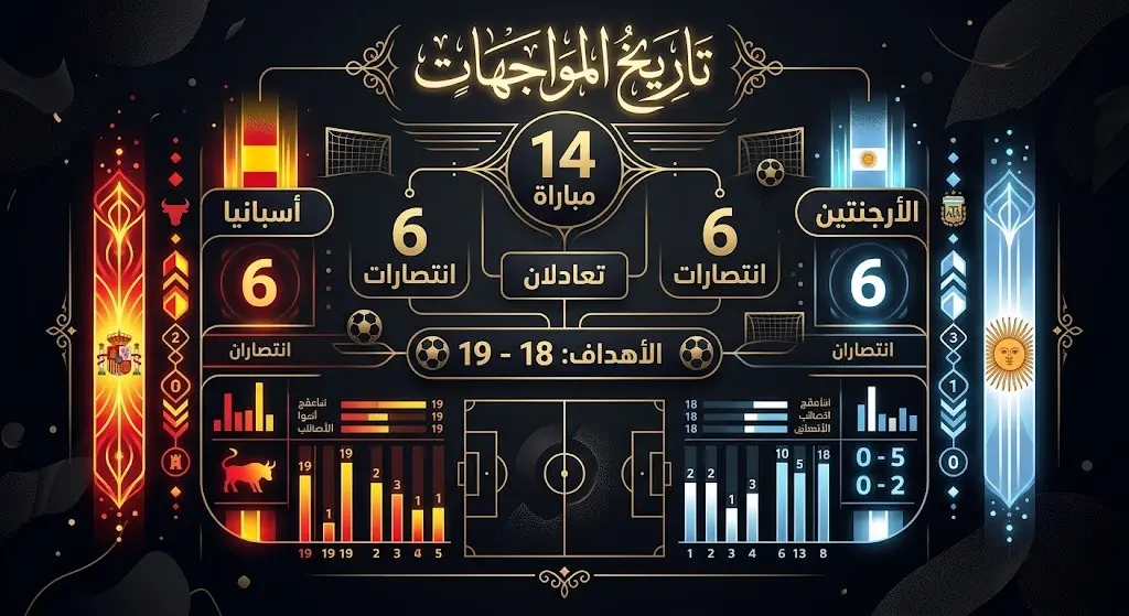 تصميم بياني يقارن الإحصاءات التاريخية لمواجهات إسبانيا والأرجنتين السابقة عبر مختلف البطولات.