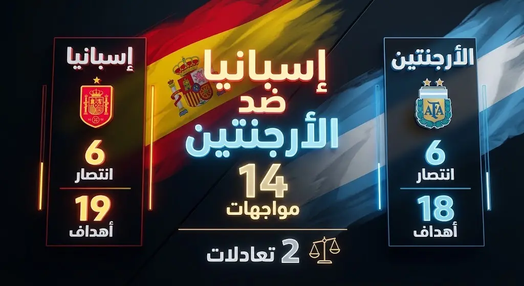 إنفوجرافيك بياني يوضح تاريخ مواجهات إسبانيا والأرجنتين بأرقام الانتصارات والأهداف المتكافئة بينهما