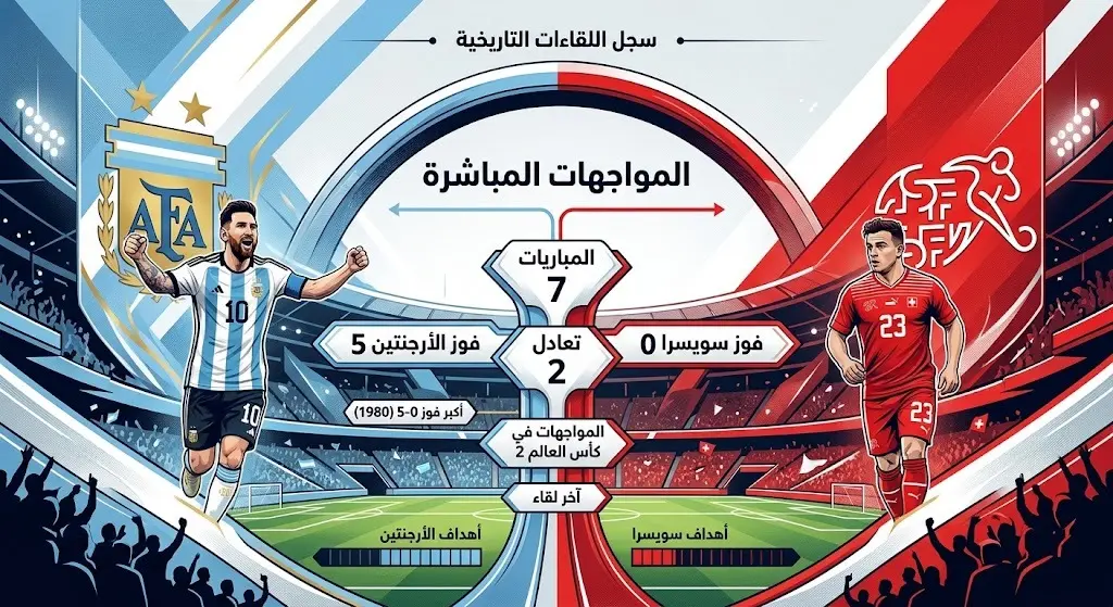 إنفوجرافيك يوضح تاريخ المواجهات المباشرة بين الأرجنتين وسويسرا وتفوق المنتخب الأرجنتيني.