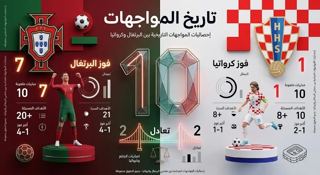 إنفوجرافيك رياضي يوضح تاريخ المواجهات المباشرة بين منتخبي البرتغال وكرواتيا وتفوق البرتغال بـ 7 انتصارات.