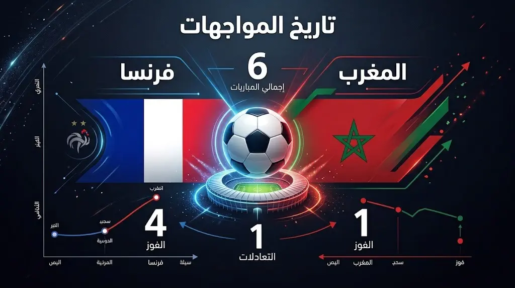 إنفوجرافيك يوضح تاريخ المواجهات المباشرة بين منتخبي المغرب وفرنسا لكرة القدم، مبرزاً عدد المباريات الكلي وانتصارات كل فريق.