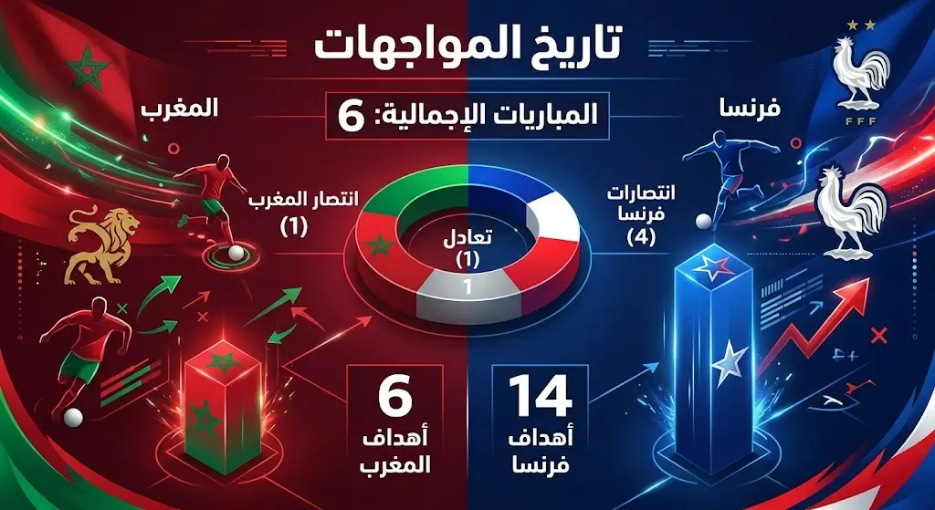 إنفوجرافيك يوضح تاريخ المواجهات المباشرة وإحصائيات الانتصارات والأهداف بين منتخبي المغرب وفرنسا في جميع البطولات.