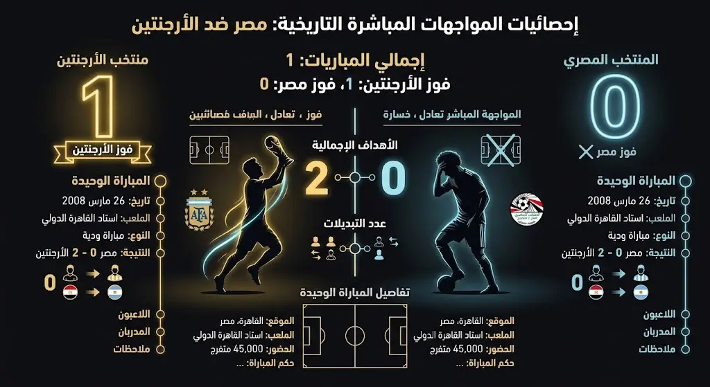 إنفوجرافيك رياضي يوضح تاريخ المواجهات المباشرة بين منتخبي مصر والأرجنتين بالأرقام.