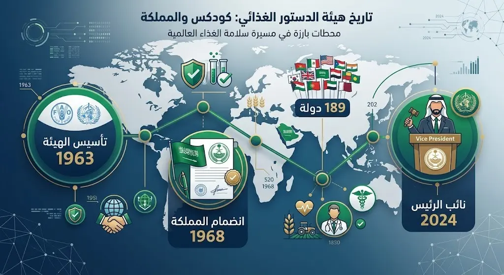 إنفوجرافيك يستعرض تاريخ تأسيس هيئة الدستور الغذائي وأبرز محطات ومراحل مشاركة المملكة العربية السعودية.