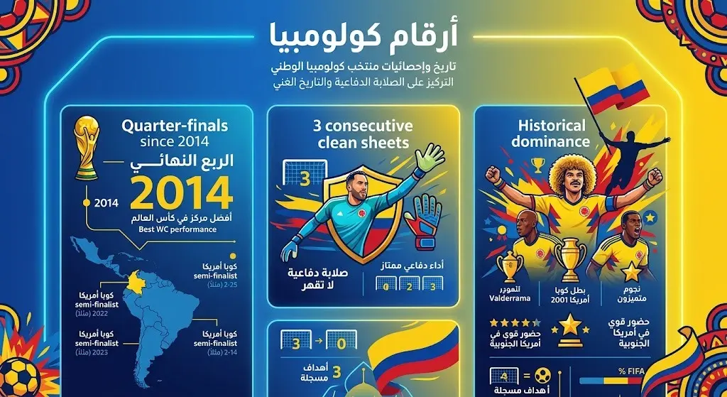 تصميم معلوماتي جذاب يستعرض أرقام وتاريخ المنتخب الكولومبي وتفوقه الدفاعي بالحفاظ على شباكه نظيفة.