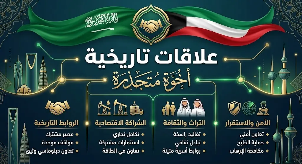 تصميم معلوماتي احترافي يجسد عمق العلاقات الأخوية والتاريخية بين المملكة العربية السعودية ودولة الكويت مع تداخل أنيق لأعلام البلدين.