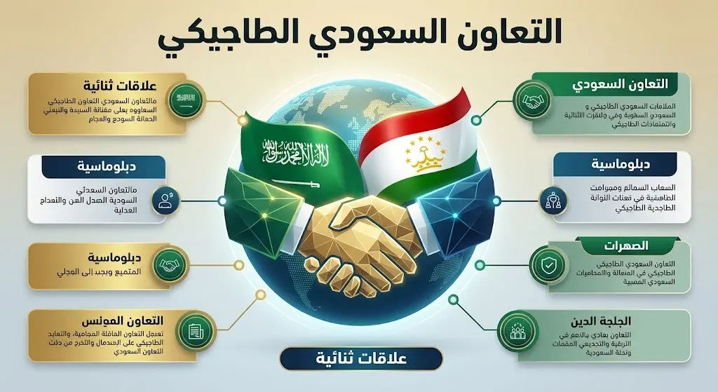 تصميم إنفوجرافيك دبلوماسي احترافي يجسد التعاون الوثيق بين المملكة العربية السعودية وجمهورية طاجيكستان، مع رموز بصرية تعبر عن العلاقات الثنائية ونصوص عربية واضحة.