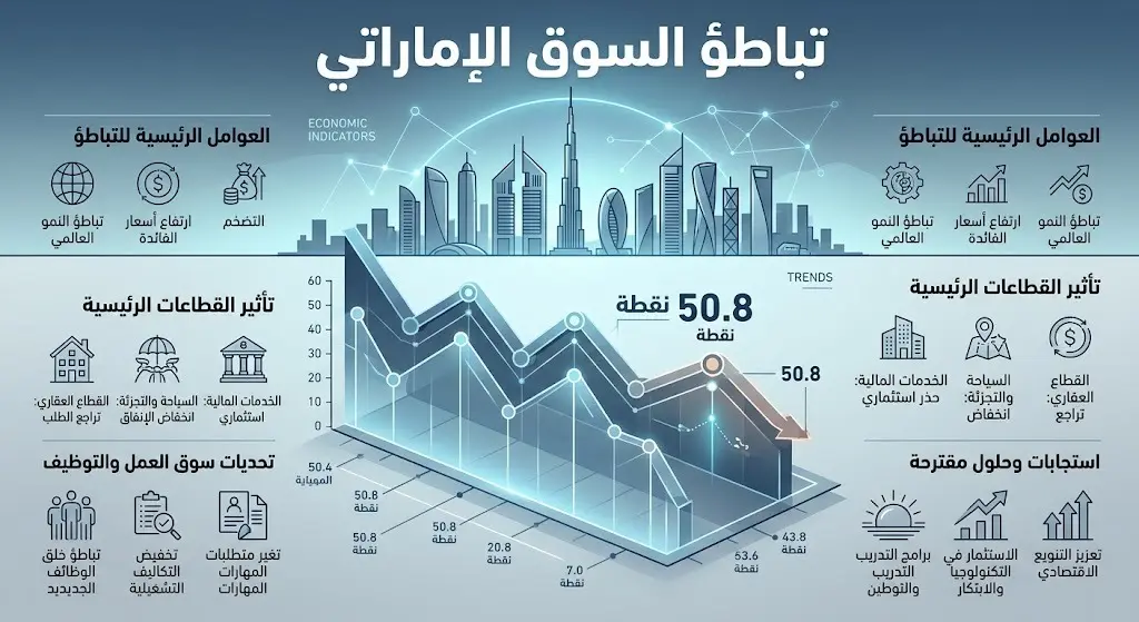 تصميم بياني يظهر انخفاض مؤشر مديري المشتريات في الإمارات إلى 50.8 نقطة تعبيراً عن تباطؤ النمو
