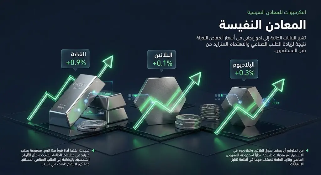 إنفوجرافيك مالي يوضح تباين أداء المعادن النفيسة، حيث تظهر ارتفاعات ملحوظة في أسعار الفضة والبلاتين والبلاديوم مدعومة بمؤشرات خضراء صاعدة.