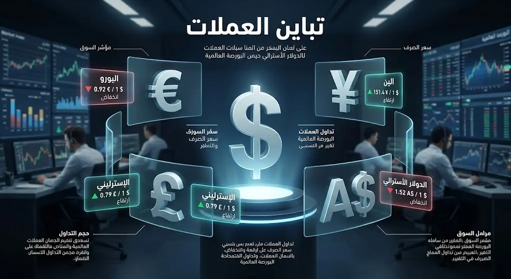 إنفوجرافيك مالي يعرض شاشات زجاجية تقارن بين أسعار صرف العملات العالمية كاليورو والين مقابل الدولار مع أسهم خضراء وحمراء.