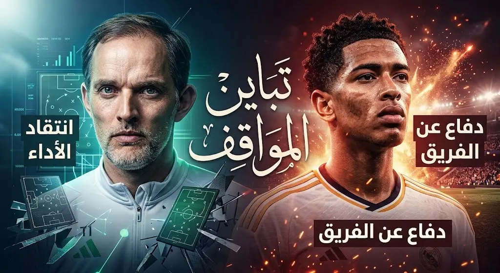 تصميم بصري يقارن بين المدرب توماس توخيل بتعبيراته الصارمة واللاعب جود بيلينجهام المدافع عن أداء زملائه، مما يبرز التباين في وجهات النظر