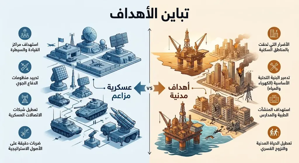 إنفوجرافيك مقارن يظهر التباين بين الرواية الإيرانية باستهداف قواعد عسكرية وتأكيد الكويت والبحرين على استهداف منشآت مدنية.