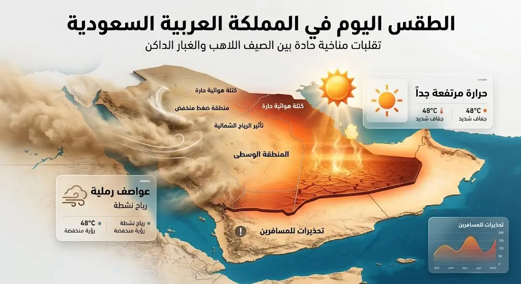 تصميم إنفوجرافيك يوضح تباين درجات الحرارة ونشاط الرياح المثيرة للأتربة في مناطق مكة والمدينة.