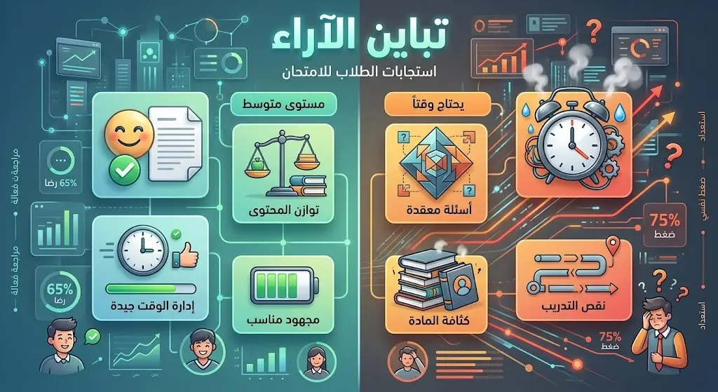 تصميم بياني يوضح تباين آراء طلبة التوجيهي حول مستوى امتحان التربية الدينية بين من يراه متوسطاً ومن يرى أنه يحتاج وقتاً إضافياً.