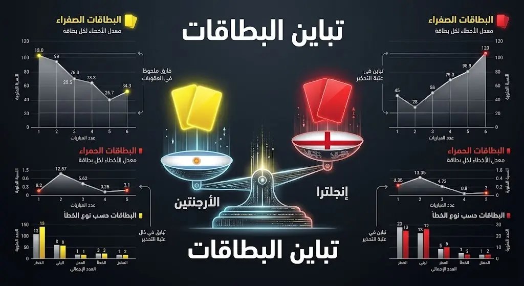 تصميم بياني مقارن يوضح التباين المزعوم في معدلات إشهار البطاقات الصفراء والحمراء للمنتخب الأرجنتيني مقارنة بمنتخبات أخرى مثل إنجلترا.